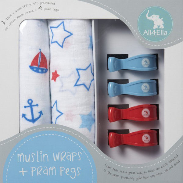 All4Ella Muslin Wraps + Pegs - Nautical Blue