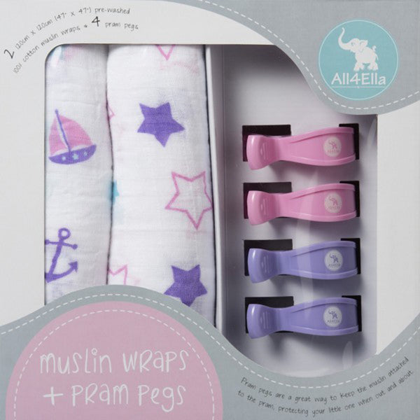 All4Ella Muslin Wraps + Pegs - Nautical Purple
